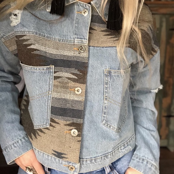 Jackets & Blazers - Southwest Aztec Blanket Denim Distressed Jacket